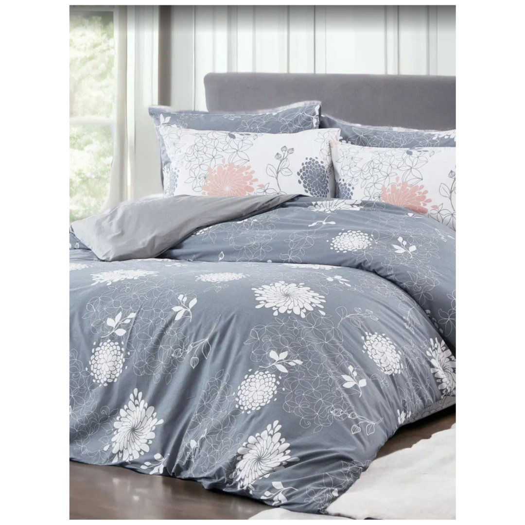 Grey floral Elegance - Queen 6pcs Turkish bedding set, 100% cotton