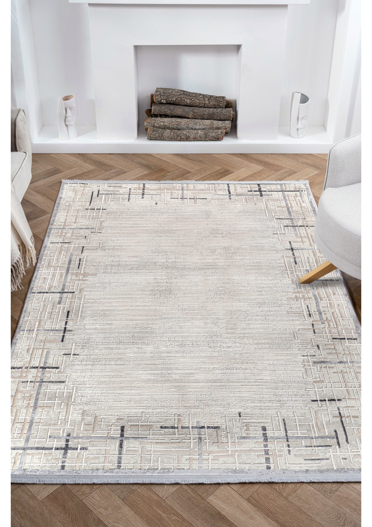 Modern Geometric Elegance Beige - Perfect for contemporary interiors, polypropylene and polyester yarn (6.6x9.6ft)
