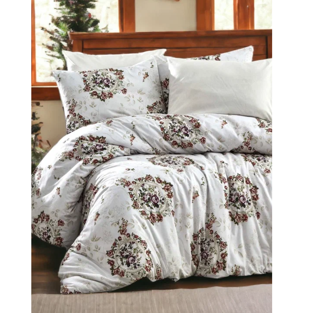 Classic Rose White - Double 6pcs Turkish bedding set, cotton mix