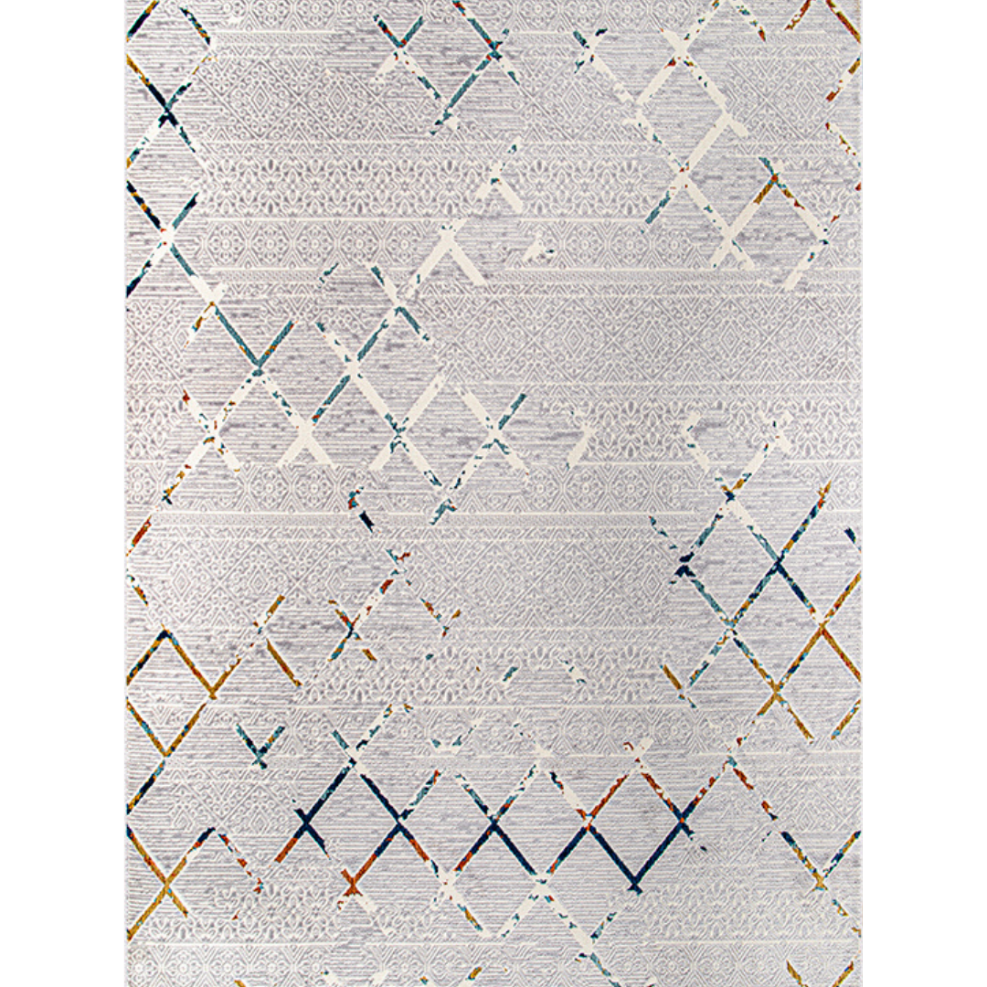 Modern Diamond Lines Rug -White with Multicolor Accent (5.2x7.5ft)