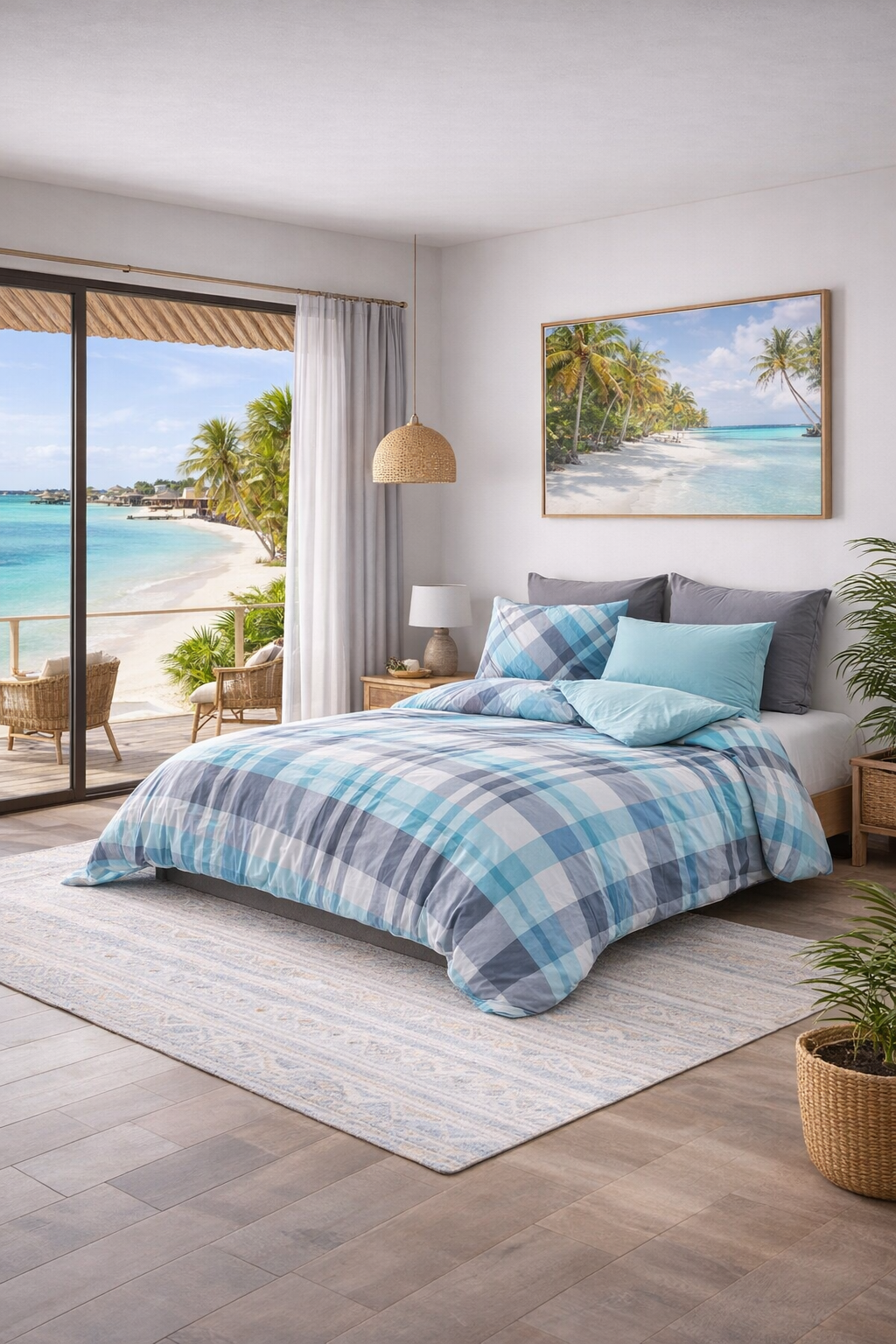 Blue Check Cozy - Queen 6pcs Turkish bedding set, 100% cotton