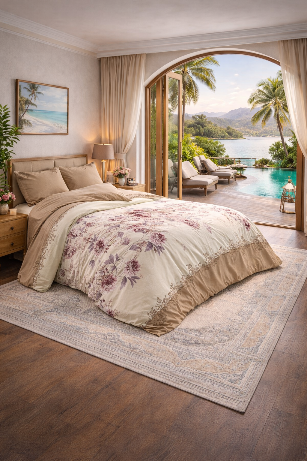 Eligent Beige Floral - Queen 6pcs Turkish bedding set, 100% cotton