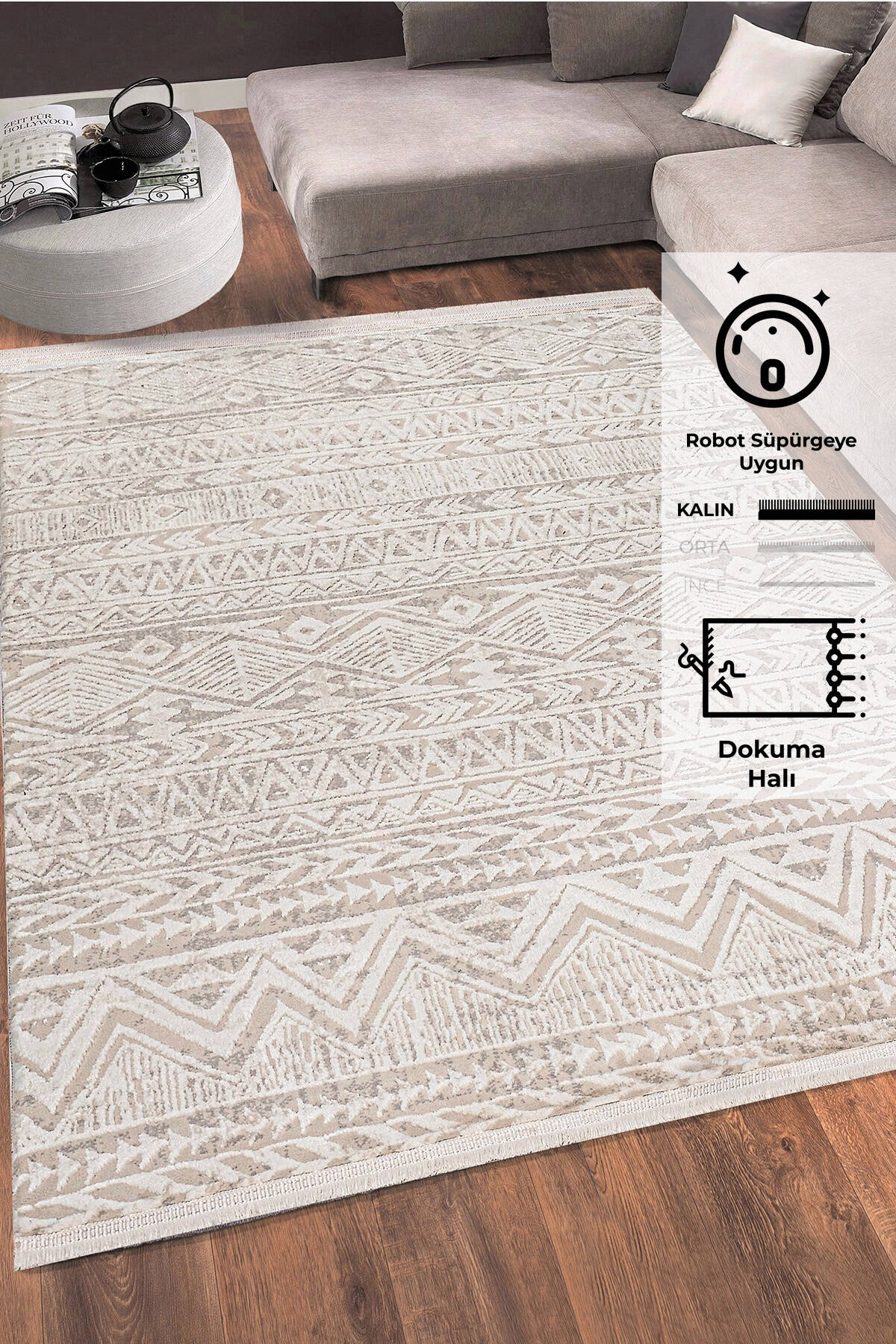Geometric Tribal Pattern - Neutral Beige ( 5.2x7.5ft)