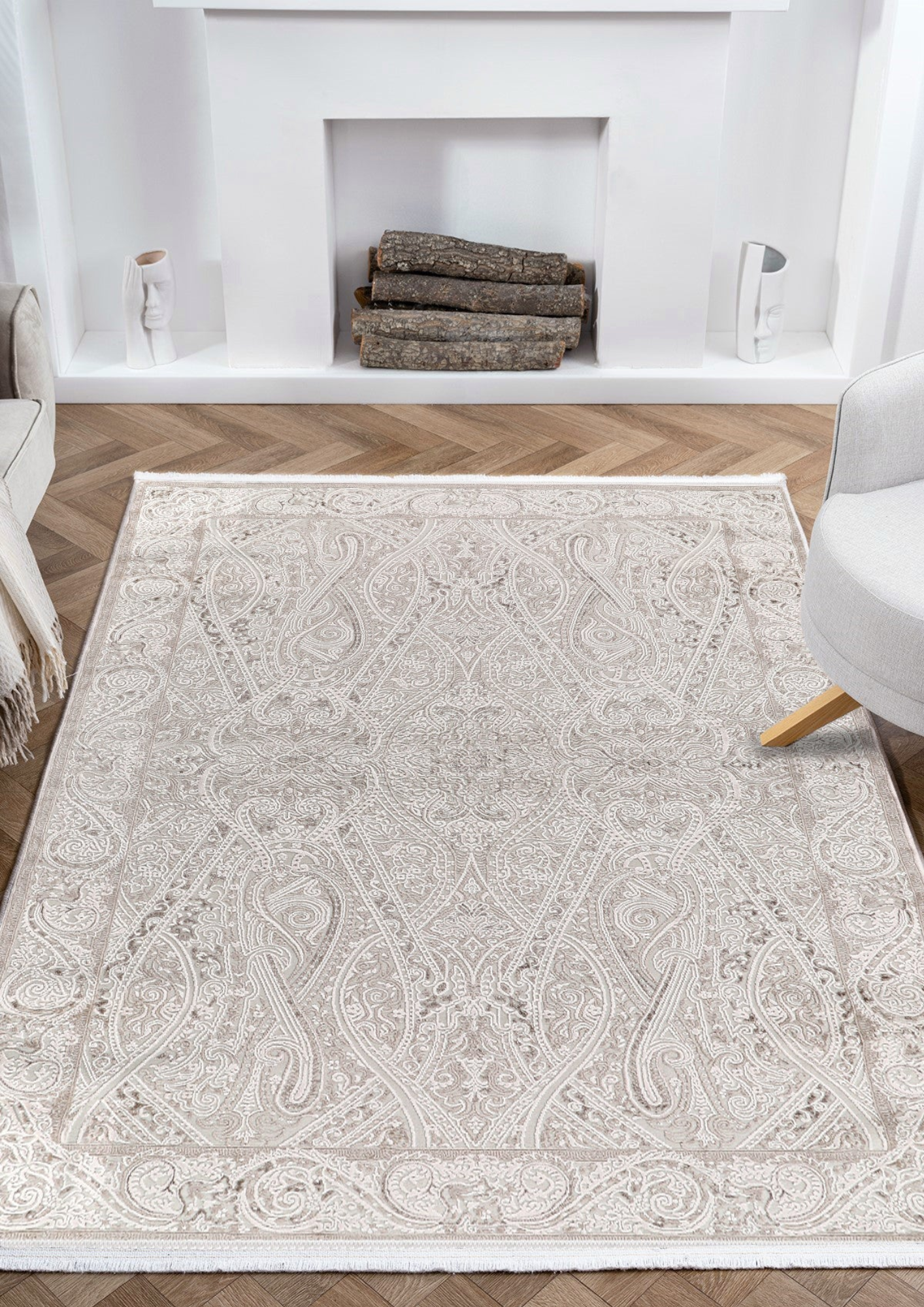 Rug with an elegant fusion of traditional motifs and soft neutral tones, polypropylene and polyester yarn (6.6x9.6ft)_NZ05
