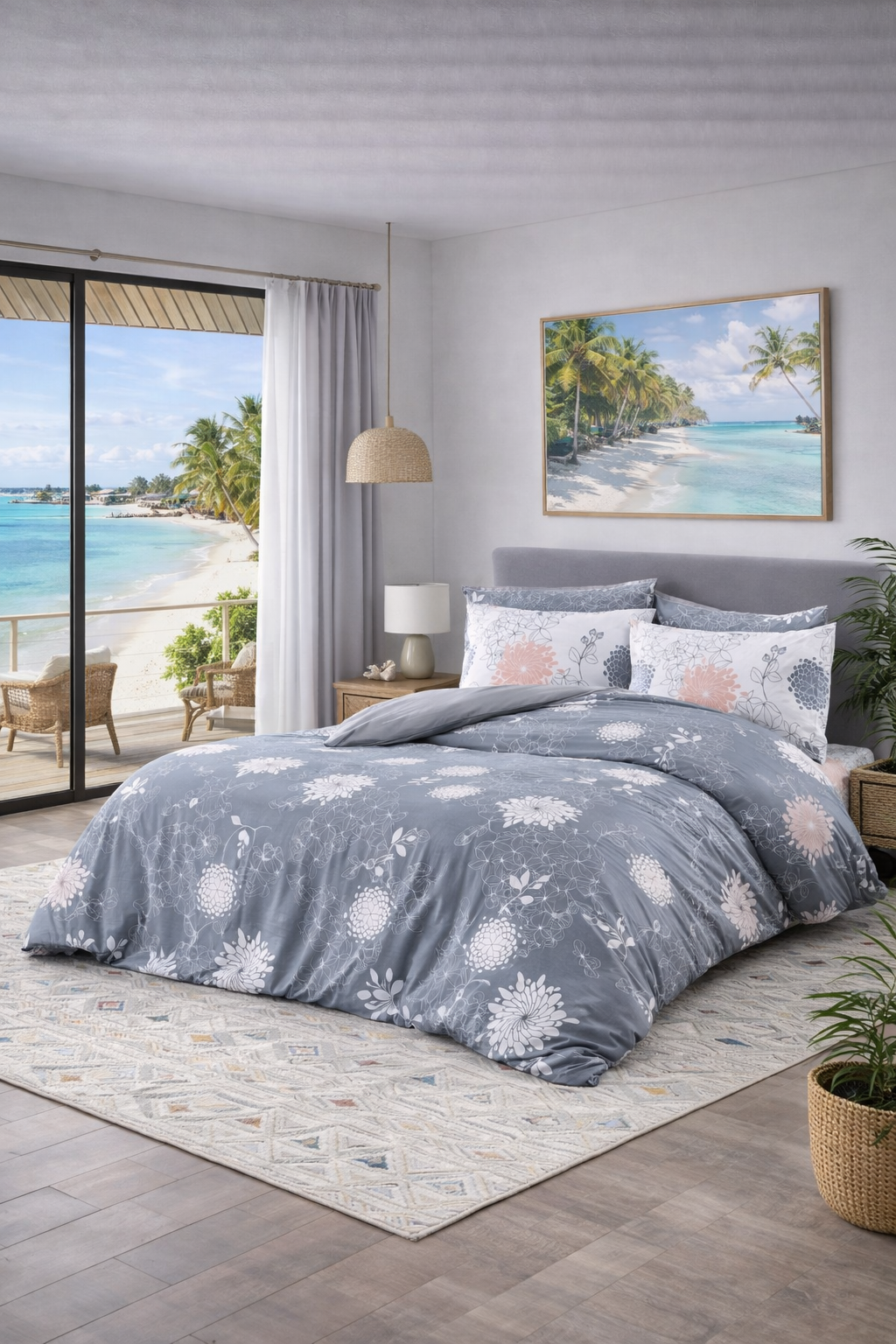 Grey floral Elegance - Queen 6pcs Turkish bedding set, 100% cotton
