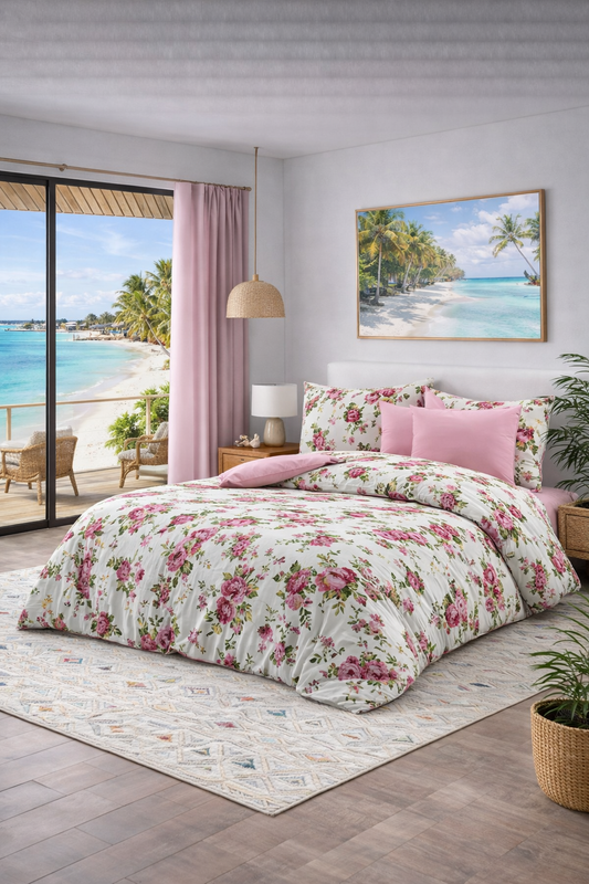 Floral Garden Cream - Double 6pcs Turkish bedding set, cotton mix
