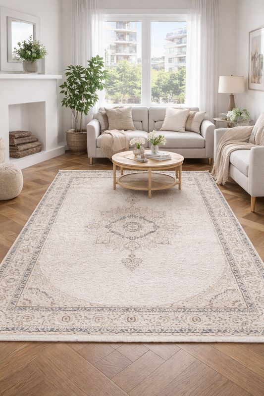 Modern Elegance Beige  - Perfect for modern interiors, polypropylene and polyester yarn (3.10x6ft)