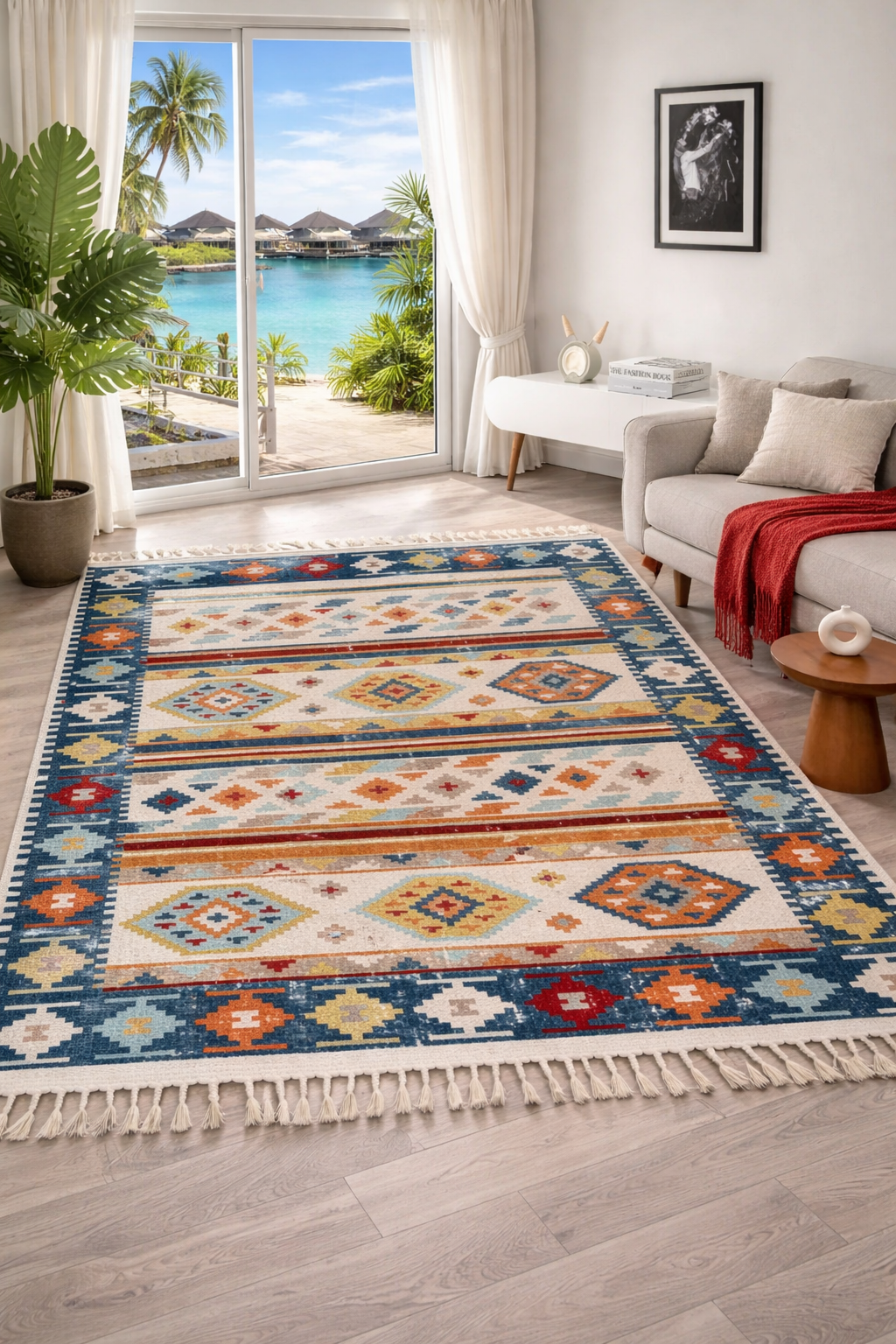 Bohemian Tribal Rug – Multi-Color Stripes & Diamonds  ( 3.10x6ft)