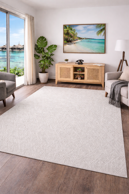 Layered grey shade created with gentle depth and texture, polypropylene and polyester yarn (5x7.6ft)