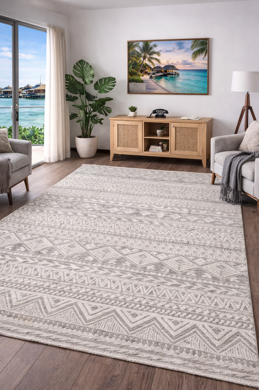 Geometric Tribal Pattern - Neutral Beige ( 5.2x7.5ft)