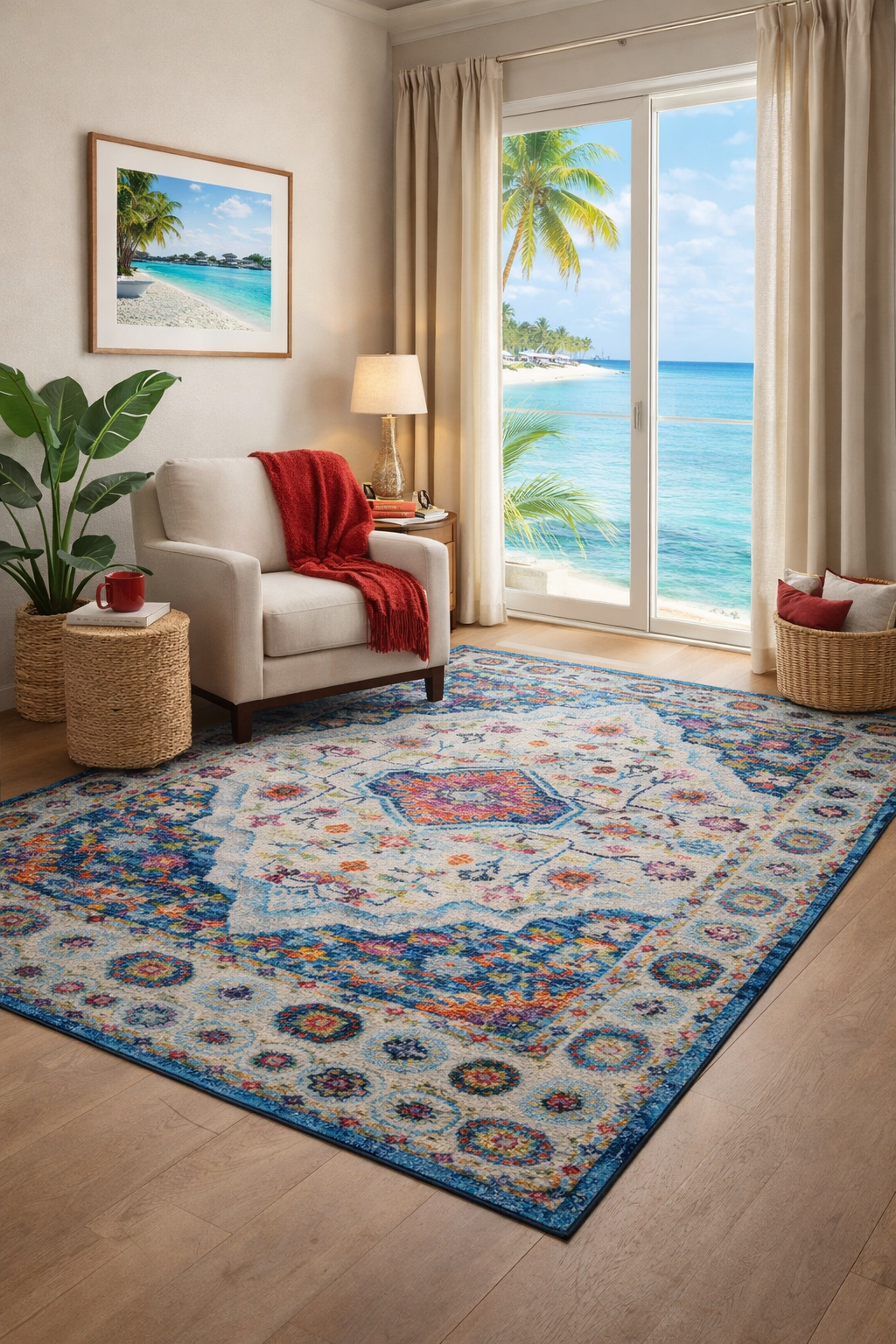 Oriental Floral Rug – Bold Blue & Red Medallion  (3.11x5.5ft)