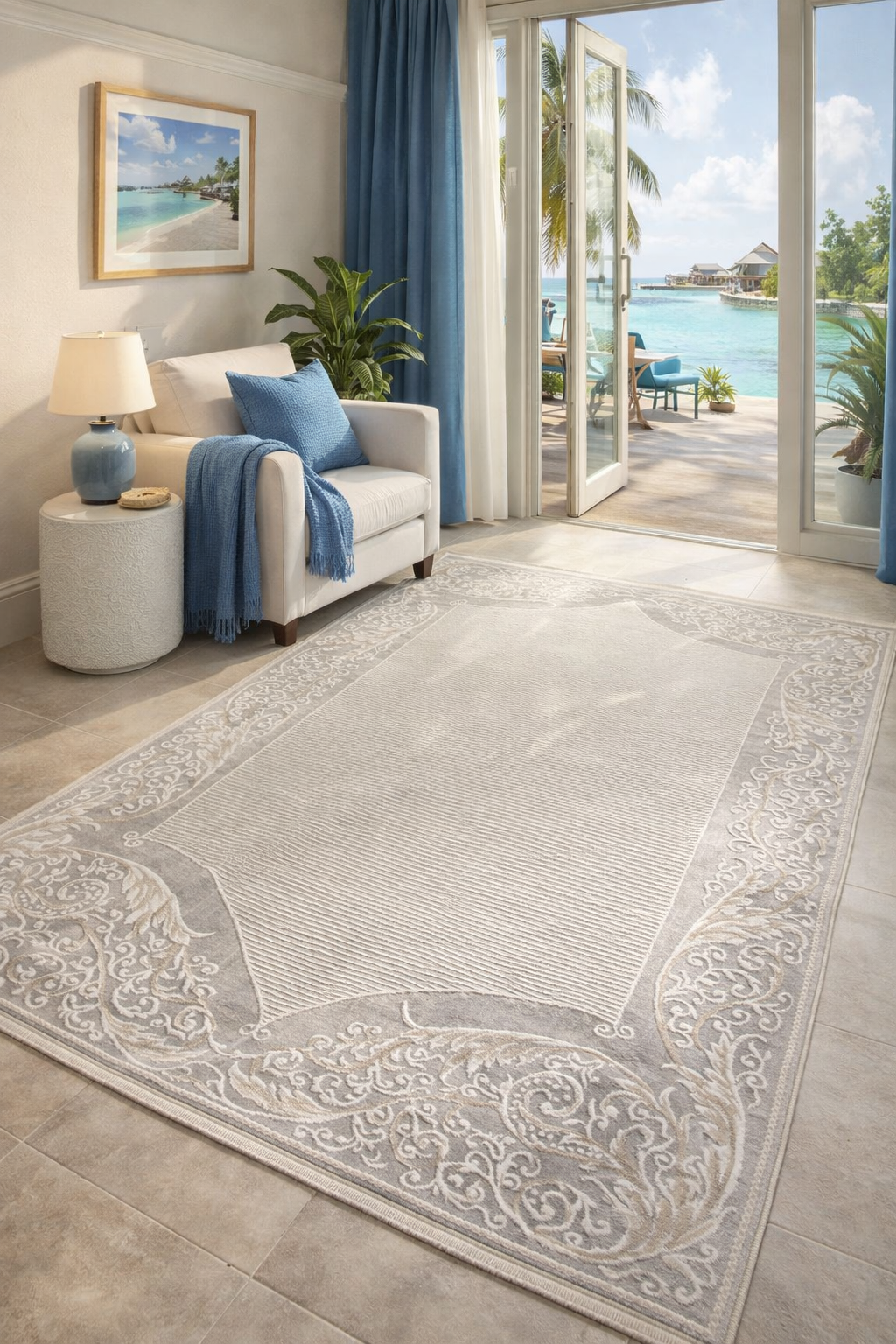 Modern Rug - Beige Floral Border (5.2x7.5ft)