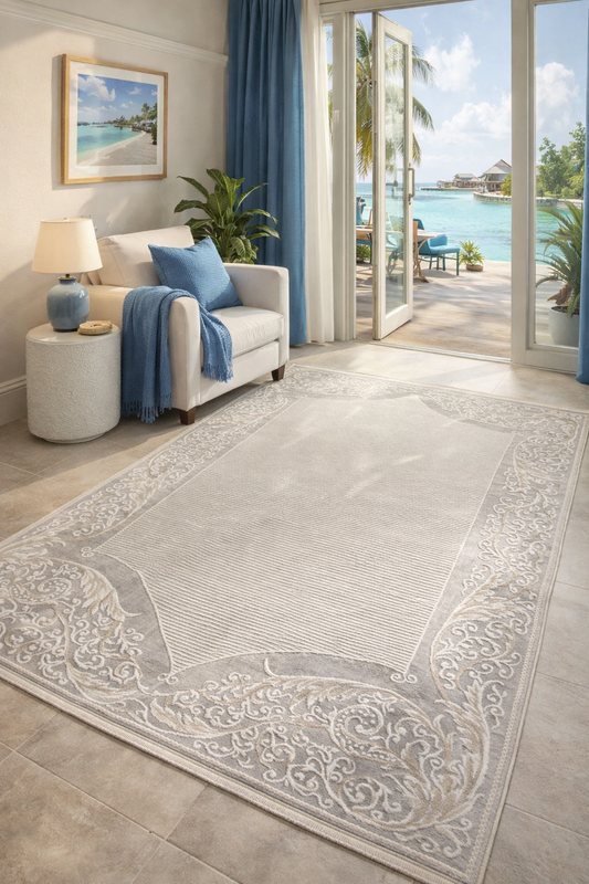Modern Rug - Beige Floral Border (5.2x7.5ft)