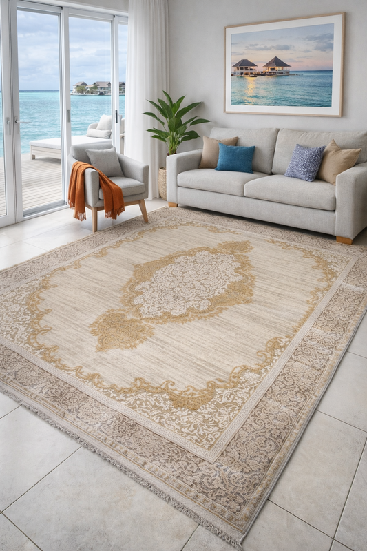 Vintage-Inspired Carpet – Warm Beige & Gold Tones (3.10x6ft)