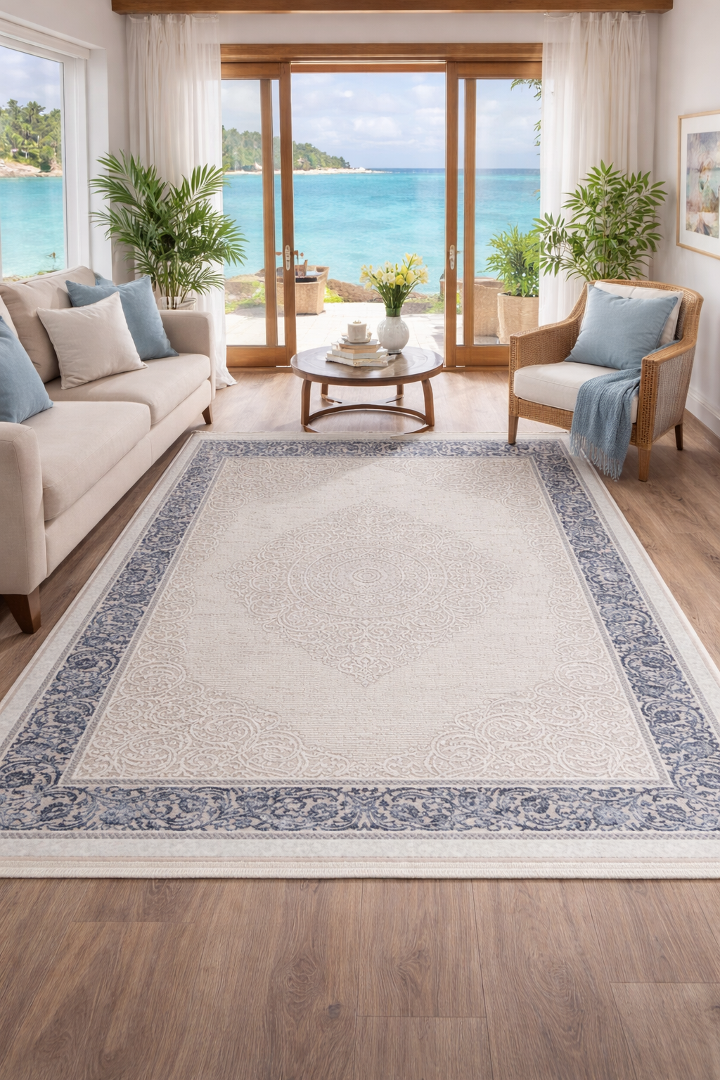 Modern Elegant Rug - Light Grey Floral Border ( 5.2x7.5ft)