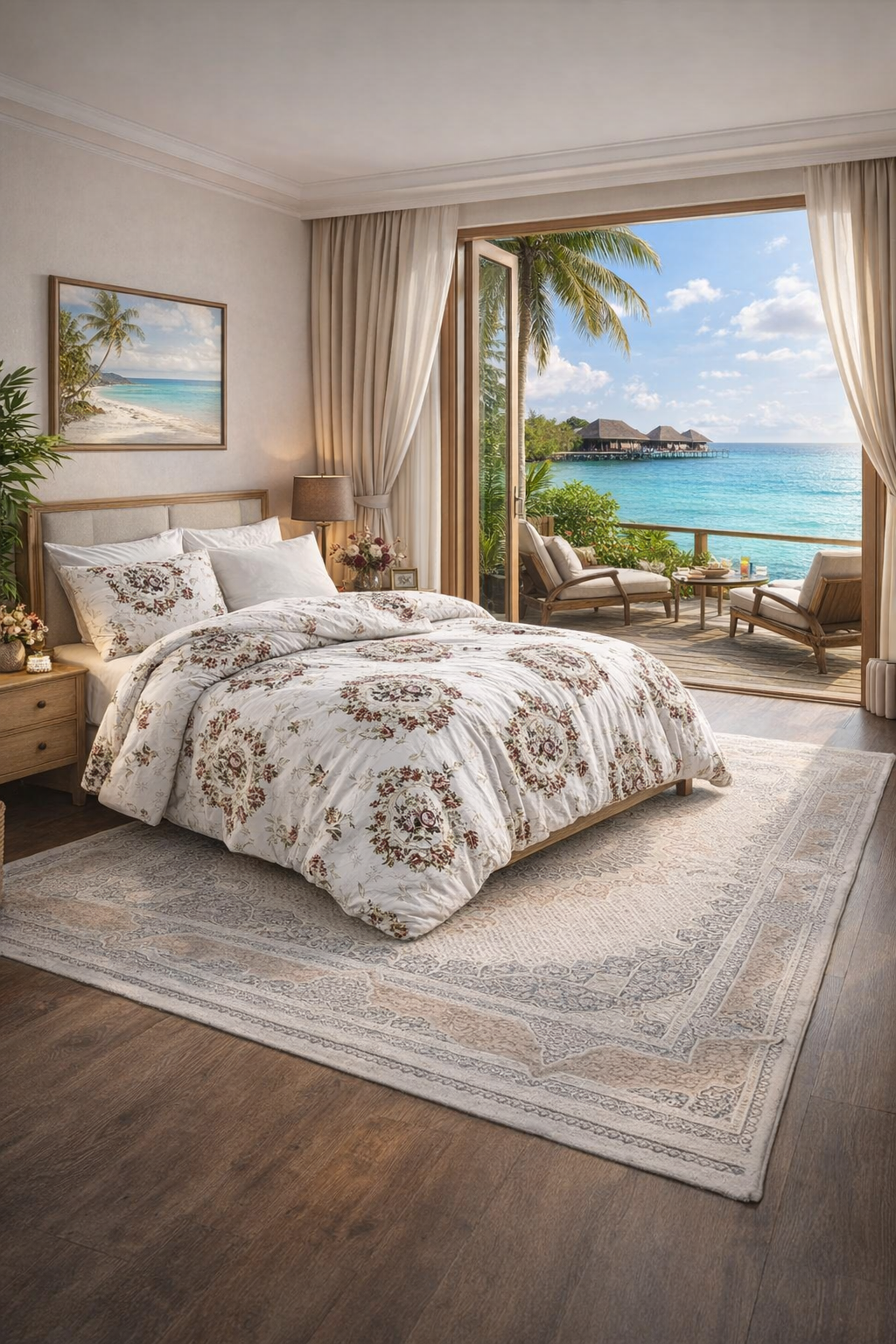 Classic Rose White - Double 6pcs Turkish bedding set, cotton mix