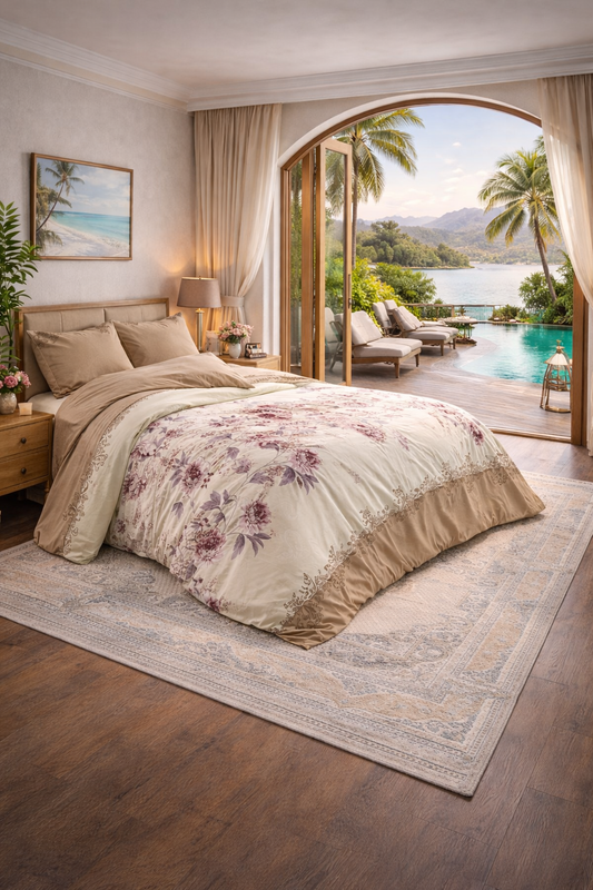 Eligent Beige Floral - Queen 6pcs Turkish bedding set, 100% cotton