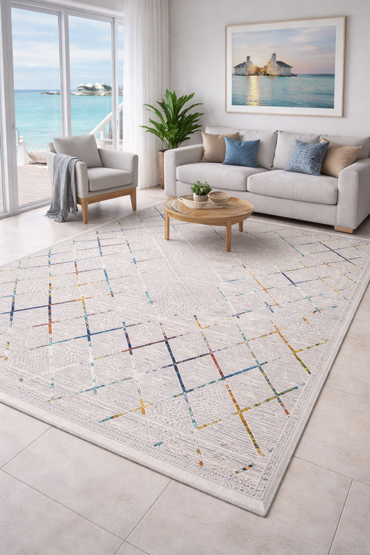 Modern Diamond Lines Rug -White with Multicolor Accent  (5.2x7.5ft)
