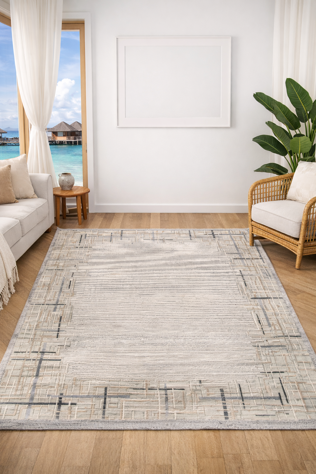 Modern Geometric Elegance Beige  - Perfect for contemporary interiors, polypropylene and polyester yarn (6.6x9.6ft)