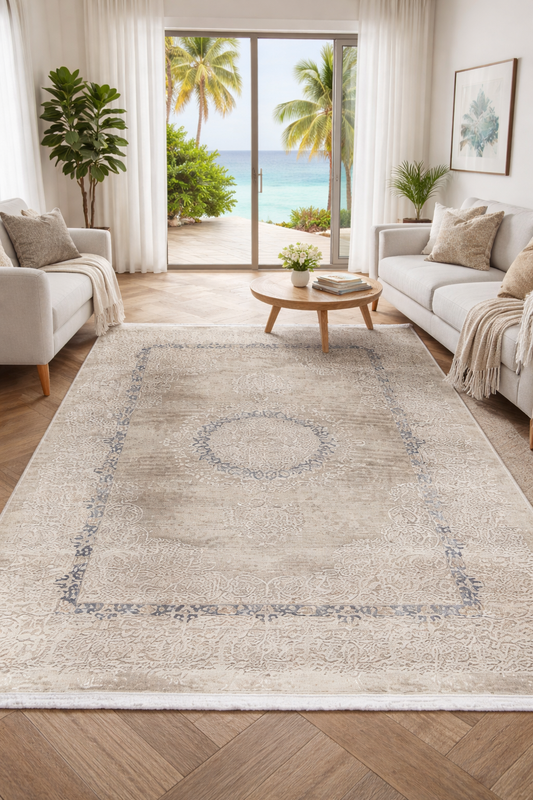 Rug with subtle borders and clean symmetry with a refined look, polypropylene and polyester yarn (5.2x7.6ft)