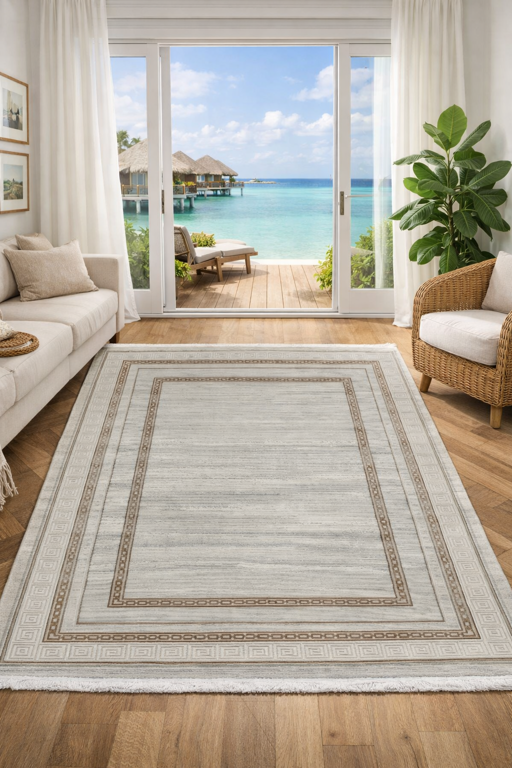 Central medallion inspired by timeless heritage design beige, polypropylene and polyester yarn (5.2x7.6ft)