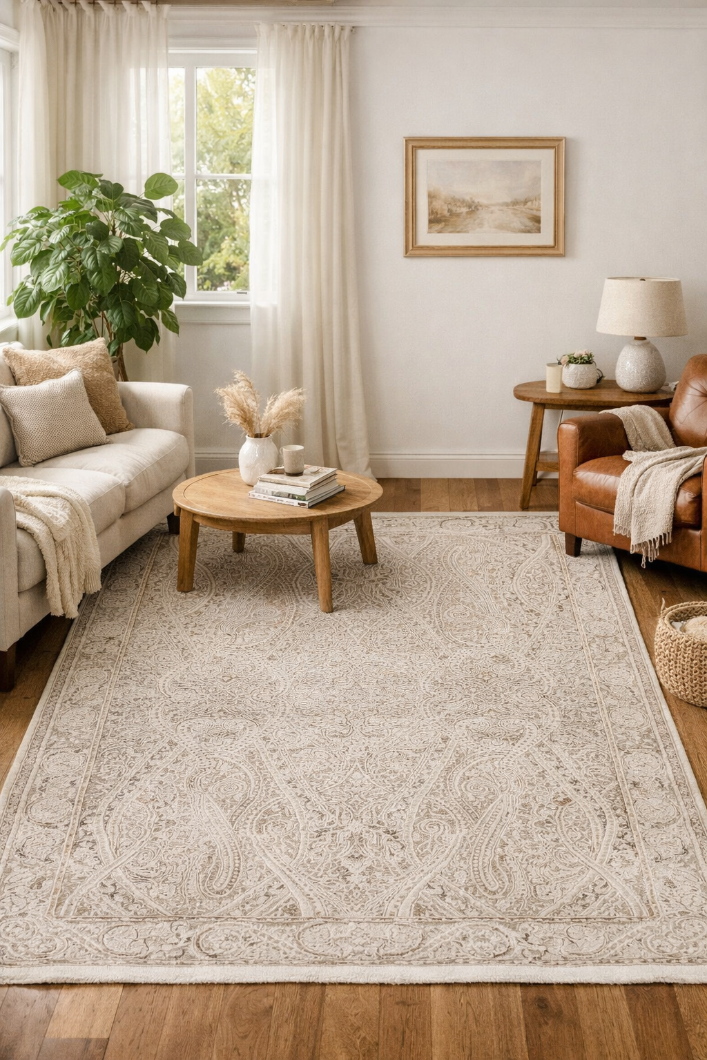 Rug with an elegant fusion of traditional motifs and soft neutral tones, polypropylene and polyester yarn (5.2x7.6ft)