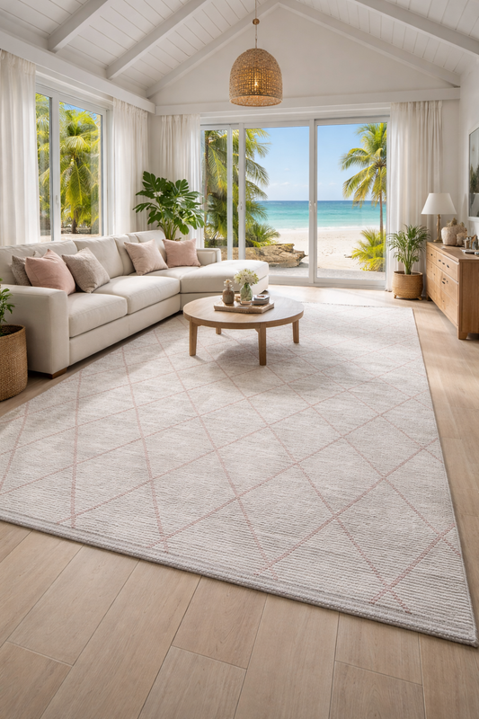 Soft Grid Pattern - White with Subtle Red Lines (5.2x7.5ft)