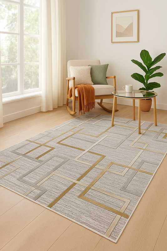 Geometric Maze Rug – Grey with Gold Accents (3.10x6ft)