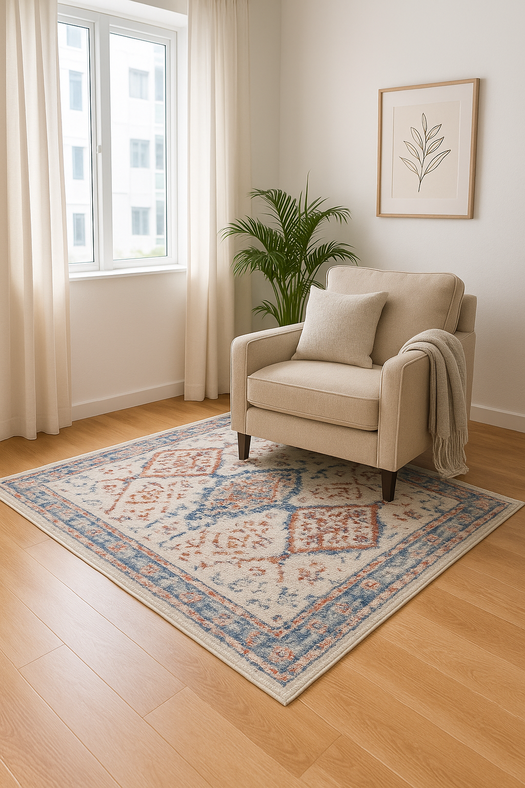 Rustic Vintage Rug – Faded Blue & Red Diamond (3.11x5.5ft)