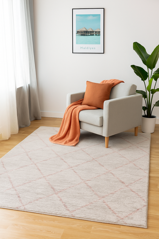Soft Grid Pattern - White with Subtle Red Lines (5.2x7.5ft)
